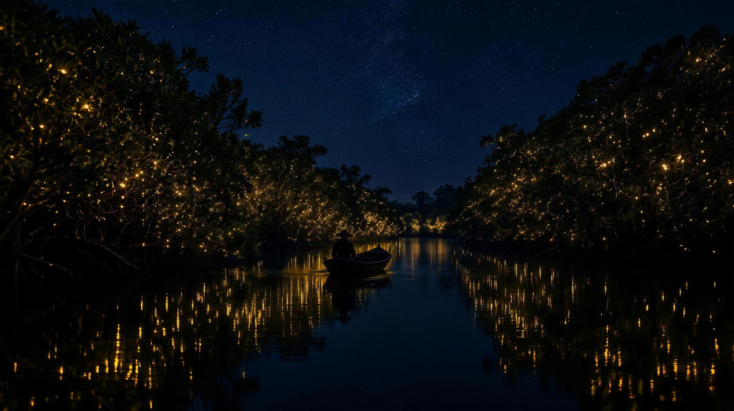 Fireflies glowing in the mangroves along the Selangor River
