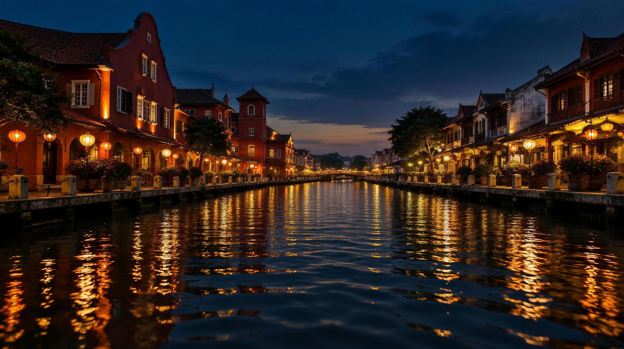 Lantern-lit shophouses reflected in the Malacca River at night