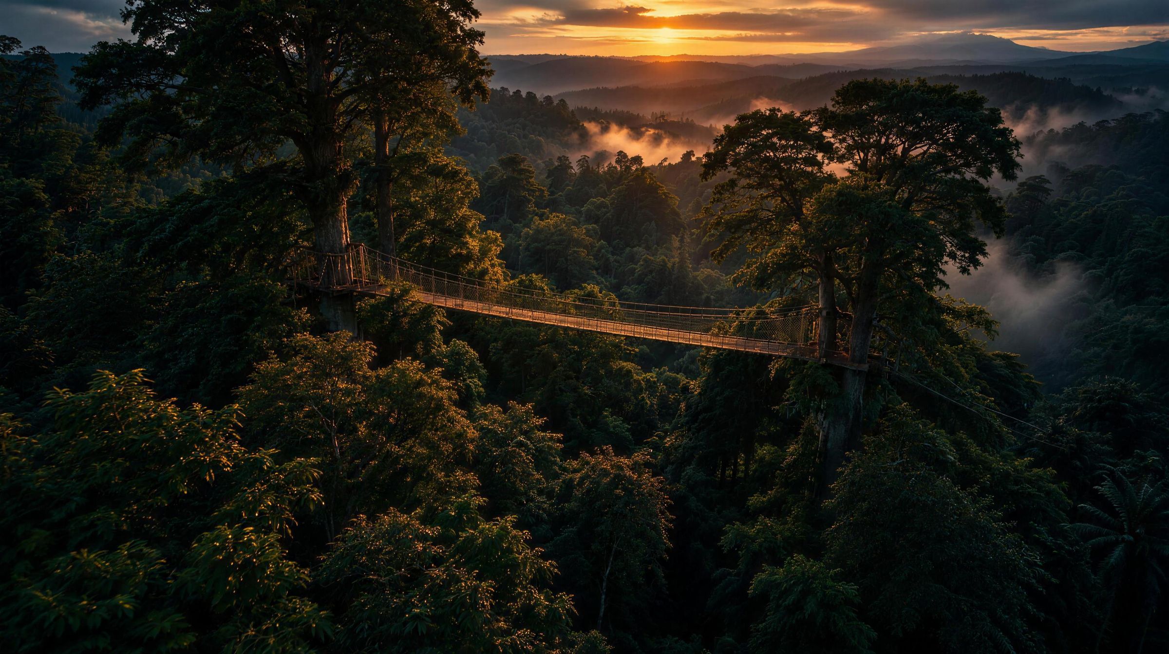 Mist rising over the Taman Negara rainforest canopy at sunrise